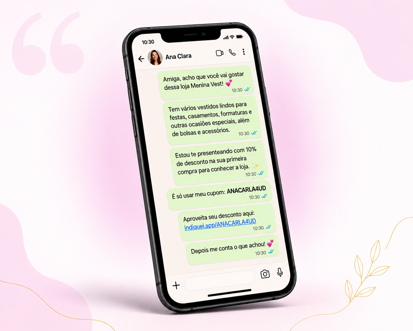 Conversa de WhatsApp compartilhando o link de indicação Menina Vest